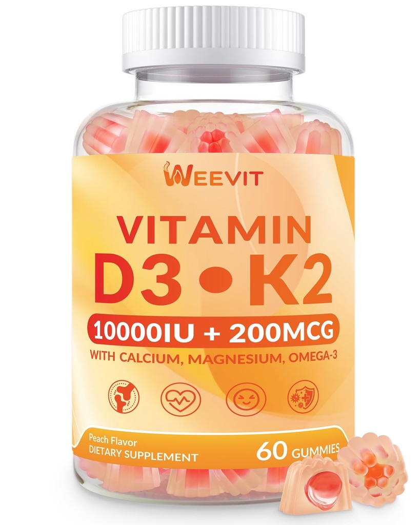 WEEVIT Vitamin D3 K2 Gummi, Zuckerfreies Vitamin D3 K2 w/Calcium, Magnesium, Omega-3, Vitamin C,B12, K2 D3 Supplement
