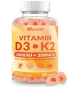 WEEVIT Vitamin D3 K2 Gummi, Zuckerfreies Vitamin D3 K2 w/Calcium, Magnesium, Omega-3, Vitamin C,B12, K2 D3 Supplement