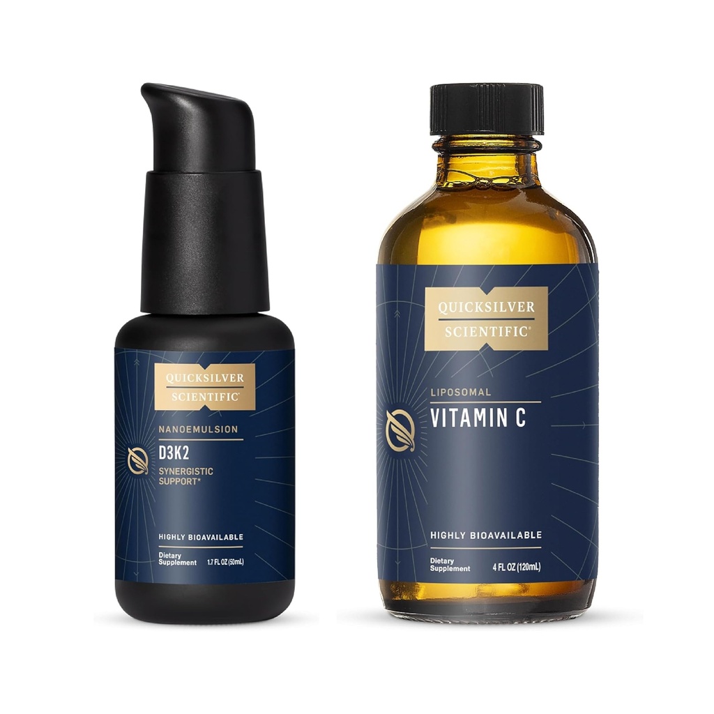 Quicksilver Scientific Nanoemulified D3K2 - Emulgiertes flüssiges Vitamin D3 + K2 MK7 Liposomales Vitamin C Bundle