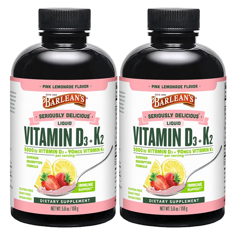 Barlean's Pack von 2 Vitamin D3+K2 Liquid Supplement für Kinder und Erwachsene, 5000 IU Vitamin D, Pink Lemonade, Non-GMO, Gluten und Dairy Free, 5,6 oz Jede
