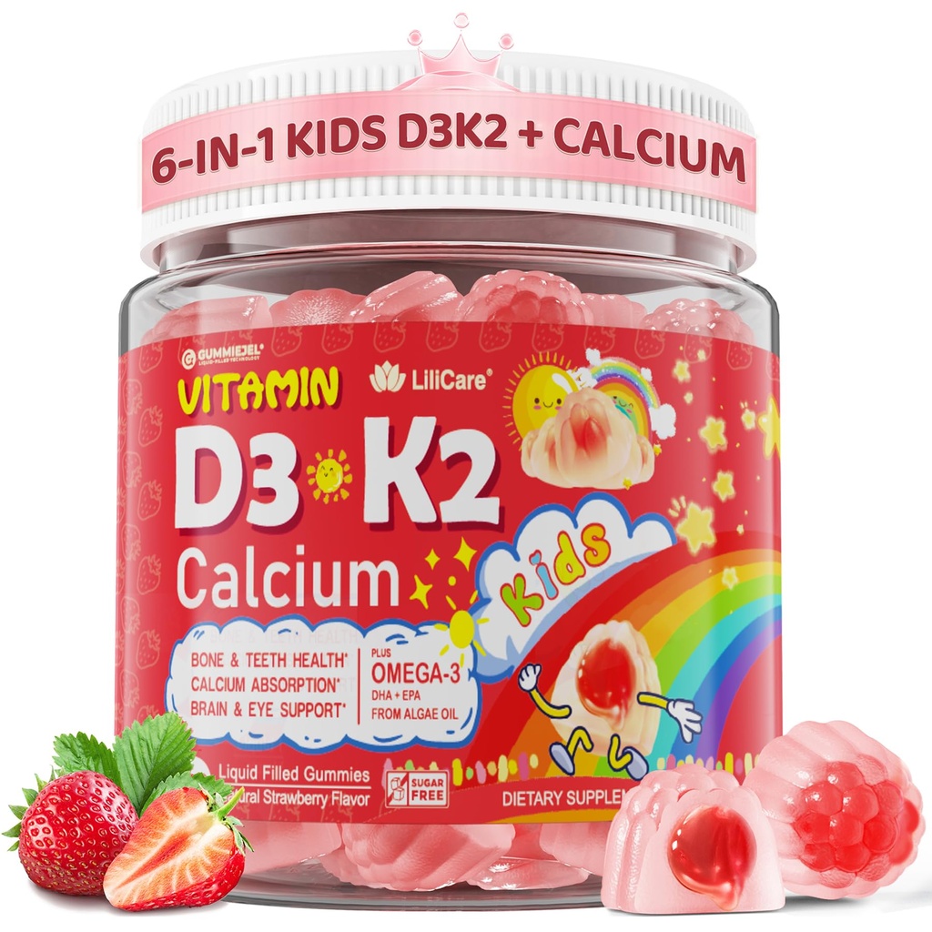 Vitamin D3 K2 + Calcium-Flüssig-gefüllte Gummie für Kinder & Jugendliche, 1000IU / 2000IU D3 mit Magnesium, Algal Omega 3, Kinder-Vitamine für Knochen & Zähne, Calcium-Absorption, Gehirn, Immun, Zuckerfrei, 60Cts