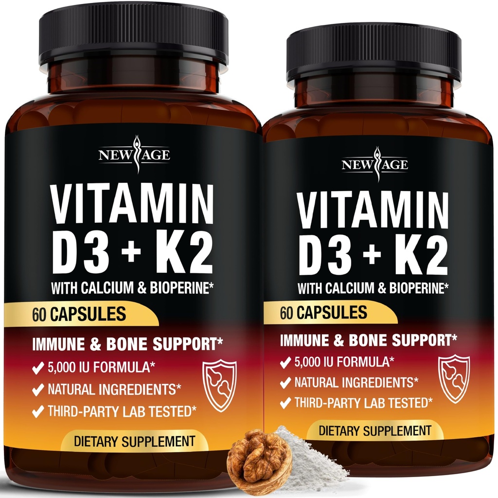 NEU AGE Vitamin D3 5.000 IU + K2 MK-7 100 mcg - 2-in-1 Knochen, Immun- & Herz-Unterstützung, leicht zu schlucken, Non-GMO - 120 Kapseln