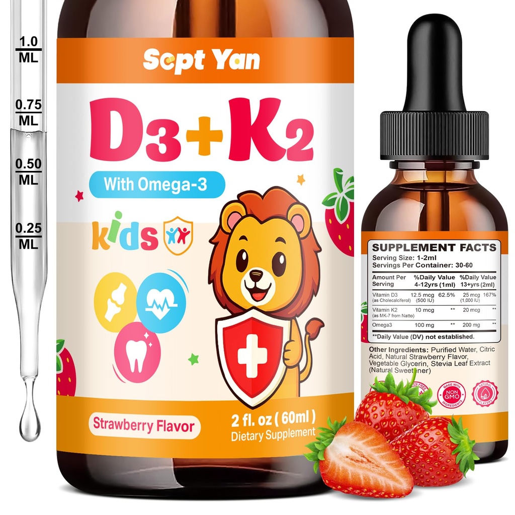 Kinder Vitamin D3 K2 Tropfen - K2 D3 Vitamin Supplement 1000 IU mit Omega 3, Unterstützung Knochen, Mood, Zähne & Immun - Vitamin D3 K2 (MK-7) Flüssigkeitstropfen für Erwachsene & Kinder, Zucker freie Erdbeeren Flavor 2 FL OZ