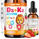 Kinder Vitamin D3 K2 Tropfen - K2 D3 Vitamin Supplement 1000 IU mit Omega 3, Unterstützung Knochen, Mood, Zähne & Immun - Vitamin D3 K2 (MK-7) Flüssigkeitstropfen für Erwachsene & Kinder, Zucker freie Erdbeeren Flavor 2 FL OZ