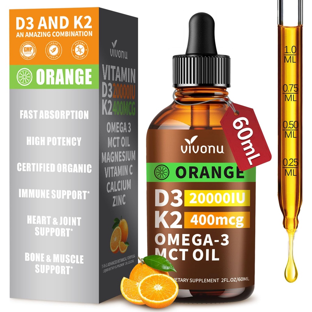 Vitamin D3 K2 Tropfen, D3 20000 IU & K2 als MK-7 400mcg mit Magnesium, Calcium, Zink & Omega 3 für Immune*, Mood*, Knochen* Gesundheit, Orange Flavor Vitamin D Flüssigkeitstropfen Supplement 1 Flasche/2 Unzen