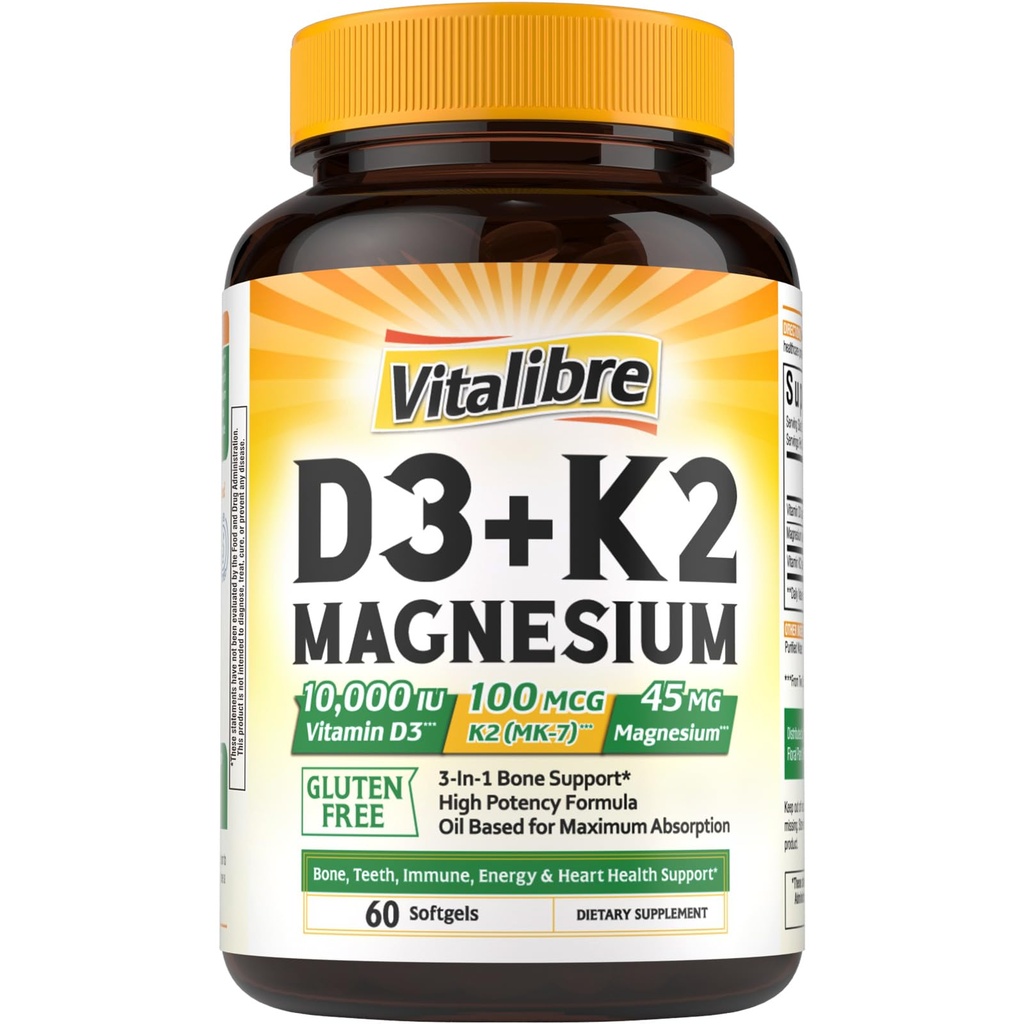 Vitalibre Vitamin D3 K2 + Magnesium Supplement, 10000 IU Vitamin D3 & 100 mcg K2, mit Magnesium Glycinat, Knochen, Zähne, Immun- & Energie-Unterstützung, hohe Absorption, Non-GMO, leicht zu schlucken, 60 Softgels