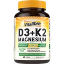 Vitalibre Vitamin D3 K2 + Magnesium Supplement, 10000 IU Vitamin D3 & 100 mcg K2, mit Magnesium Glycinat, Knochen, Zähne, Immun- & Energie-Unterstützung, hohe Absorption, Non-GMO, leicht zu schlucken, 60 Softgels