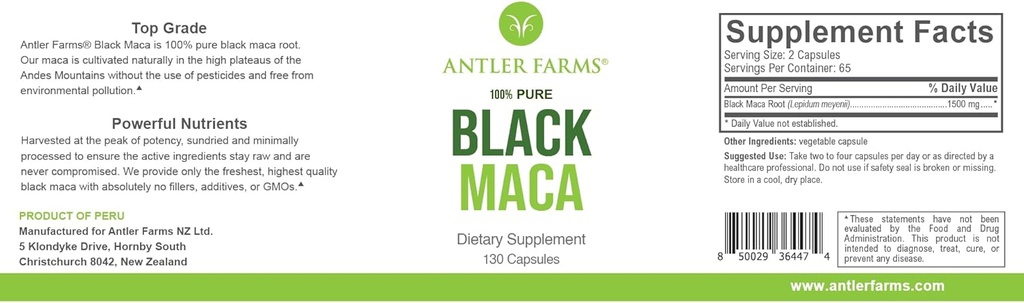 Geweihfarmen - 100% Pure Black Maca Root, 130 Kapseln, 1500mg – im Junin Plateau in Peru, Männliche Energie, Vitalität & Stamina, Hormonal Balance, Memory & Mental Clarity