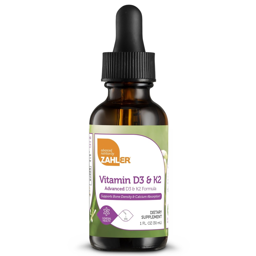 Zahler Vitamin D3 K2 Tropfen, Flüssigkeit D3 mit K2, 1000IU Vitamin D und 1000mcg K2 pro Portion, unterstützt Knochendichte und Calcium Absoprtion, 1Fl Oz.