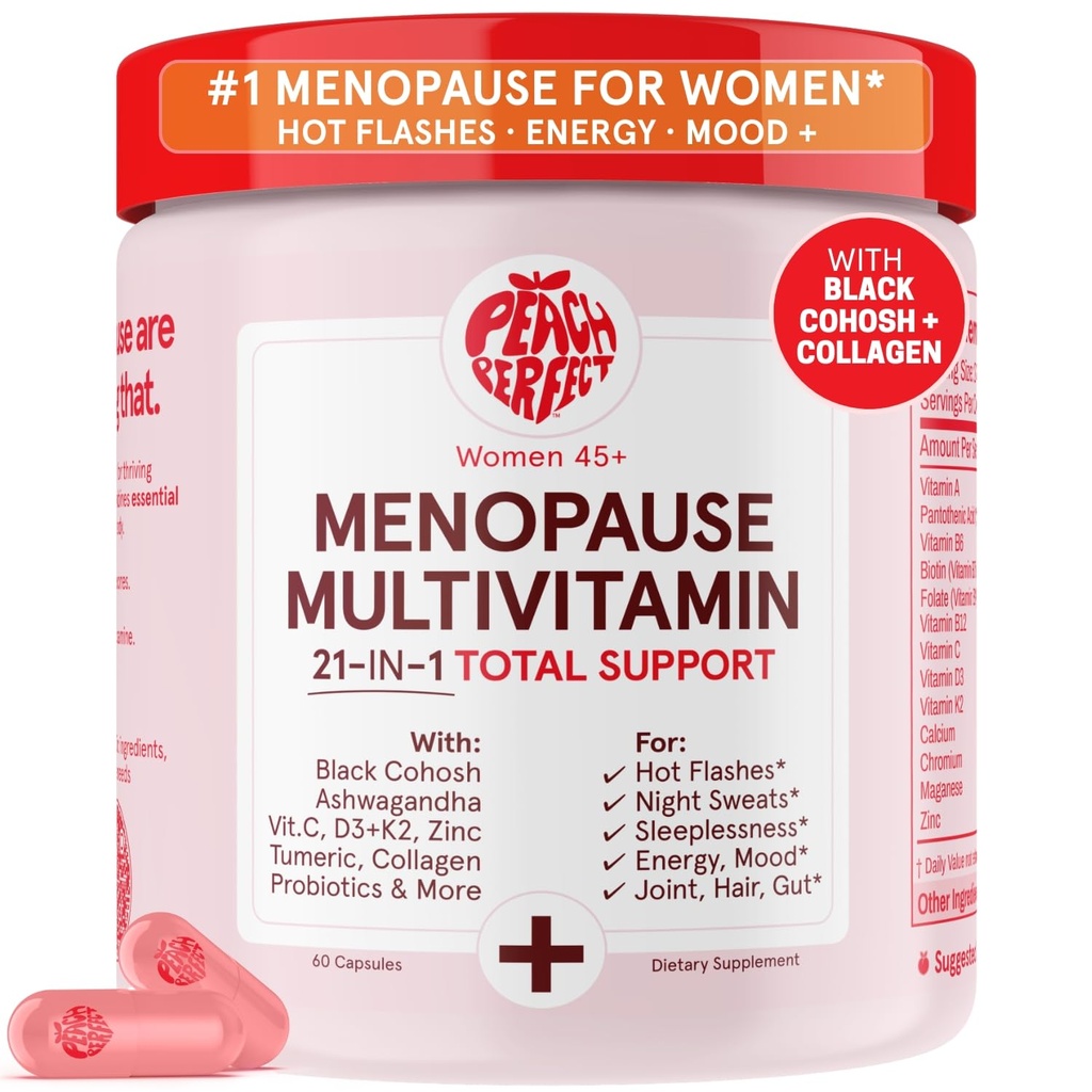 Peach Perfect Menopause Multivitamin | 21 Vitamine für Frauen 45+ | Schwarz Cohosh, Ashwagandha, Vitamin D3+K2, Probiotics & Collagen | Unterstützung für Hot Flashes, Mood Swings, Joint & Skin Health | 30 SVG