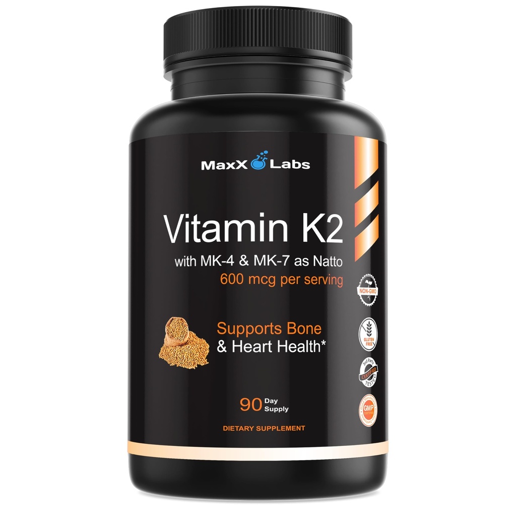 Vitamin K2 Supplement - Vollspektrum Vitamin K2-MK7, MK4 & Vitamin D - Hohe Festigkeit K2 wirkt mit Vitamin-D3 - Vitamin-K 600mcg - unterstützt Knochengesundheit - 90 Kapseln