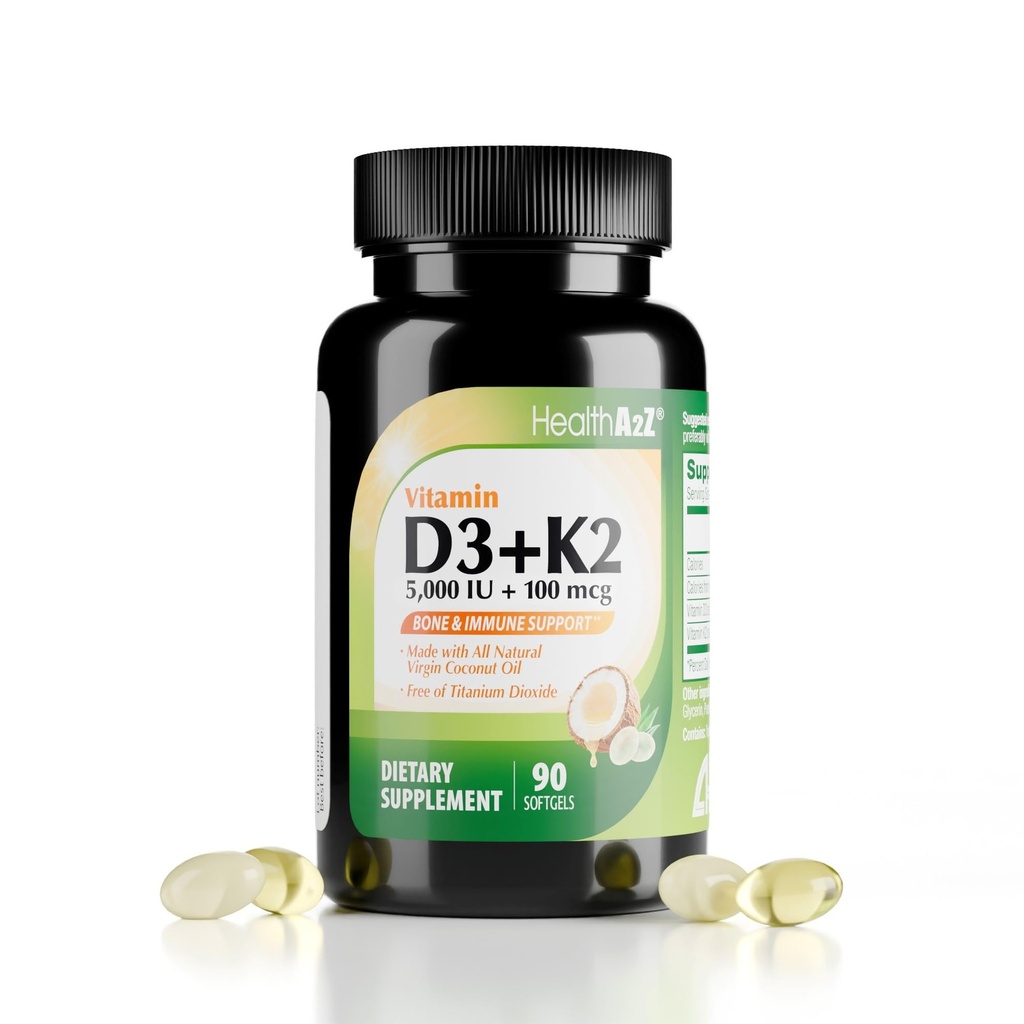 HealthA2Z® Vitamin D3 (5.000 IU) + K2 (MK-7) Hergestellt mit Virgin Coconut Oil (Natural MCT) - 90 Softgels (Pack von 1) - Hilft Kalziumabsorption für Knochen, Zähne, Mood & Immune Health