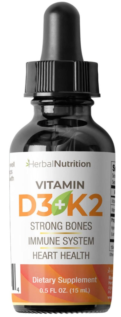 Kräuternahrung Bio-Vitamin D3 K2 Tropfen – 5000 IU D3 + 63mcg MK7 K2 – 270 Servierungen, Vegan, Liquid Supplement Superior Lieferung – Knochen, Herz, Immun- & Stimmungsunterstützung – Pfefferminz Flavor