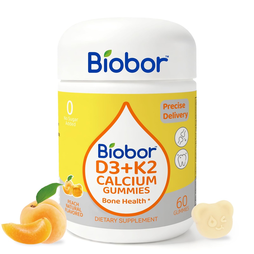 Biobor Vitamin D3 K2 Gummie mit Kalzium, 2000 IU D3 & 200 mcg K2(MK-7) & 200 mg Kalzium, kein Zuckerzusatz, Unterstützt gesunde Knochen & Immungesundheit, Glutenfrei, GVOfrei, Gelber Pfirsich, 60 Zähler