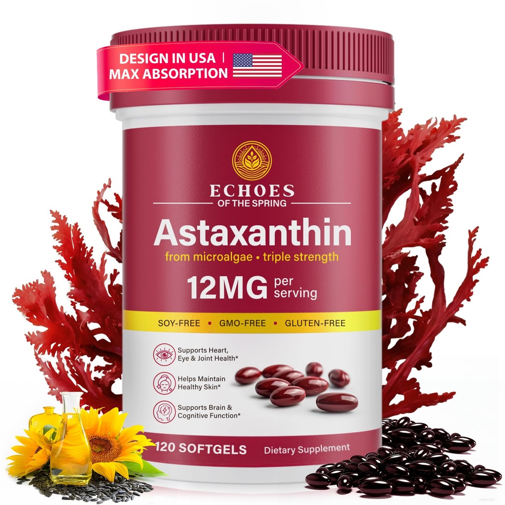 Astaxanthine 12mg – Astaxanthine naturelle de l'hématococcus Pluvialis, supplément antioxydant triple résistance pour support oculaire, cutané, articulaire et immunitaire (120 Nombre (paquet de 1))