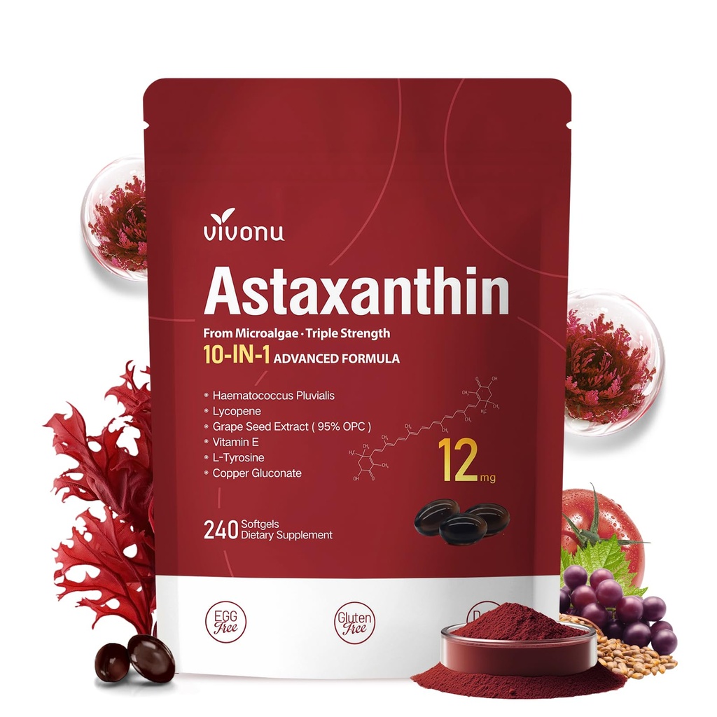 10 en 1 Astaxanthine 12mg Suppléments, 4 mois d'approvisionnement, Astaxantina Antioxydant de l'hématococcus pluvialis frais, contient du lycopène, graines de raisin, vitamine E, et plus soutient les yeux, les articulations, la santé de la peau