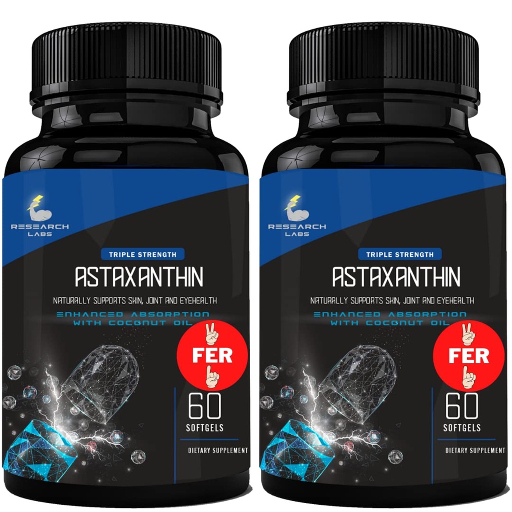 Forschungslabors Triple Strength Natural Astaxanthin 12mg Softgels + Extra Bottle Organic Coconut Oil for Enhanced Absorption Powerful Antioxidant unterstützt Augengelenk und Herzgesundheit 120 Total Softgels