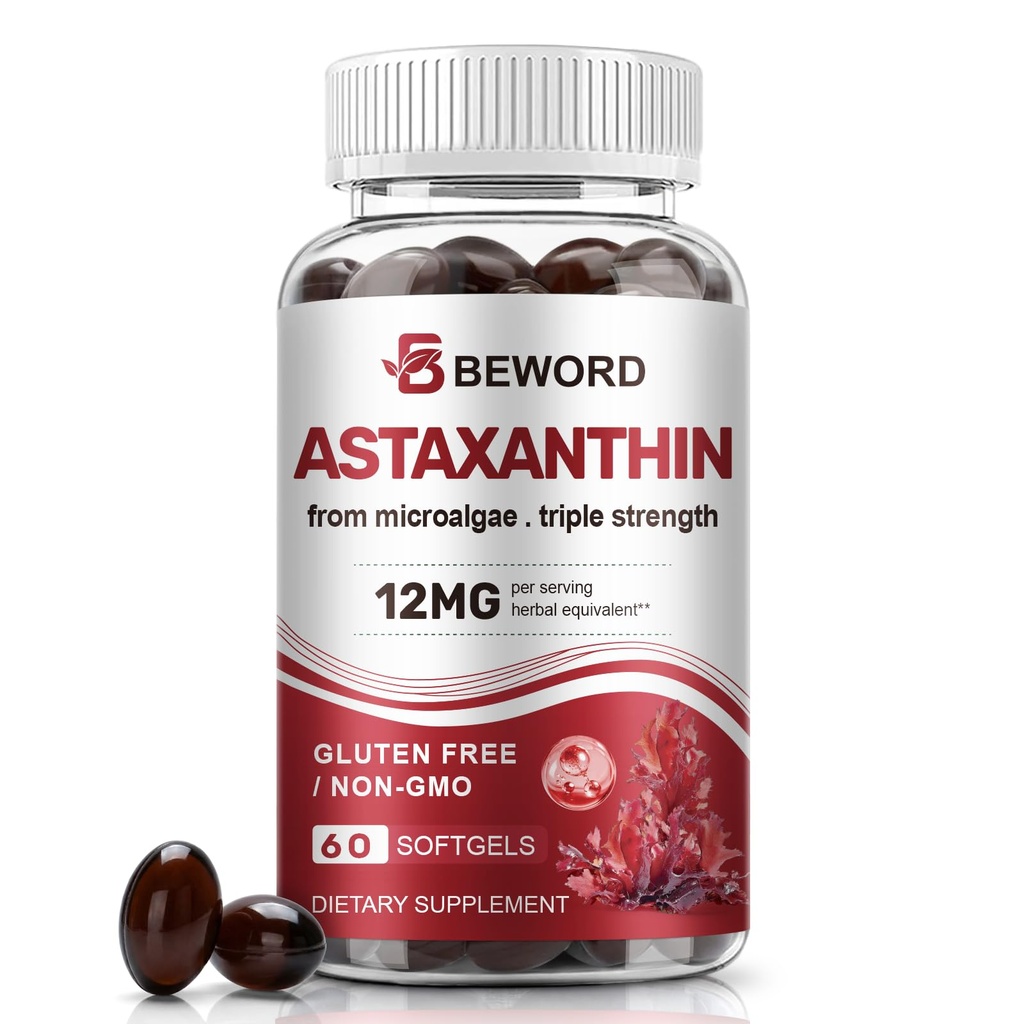 BEWORD Astaxanthine 12mg avec l'huile MCT, 60/120 Softgels 2-Mois Supplement Exclusivité Suppléments antioxydants Premium Exclusivité Microalgues naturelles, Triple Strength Exclusivité Skin & Eye Health Exclusivité