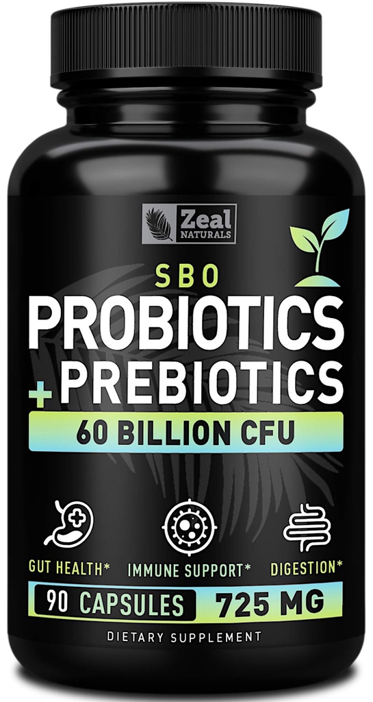Probiotics and Prebiotics + SBO Probiotics (60 Billion CFU | 90 Kapseln) Acidophilus Probiotic w. Saccharomyces Boulardii, Bifidobacterium + Spore Probiotic & Organic Sprouted Prebiotic Fiber Blend