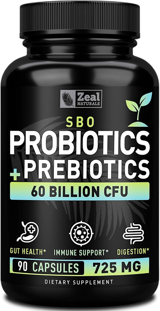 Probiotics and Prebiotics + SBO Probiotics (60 Billion CFU | 90 Kapseln) Acidophilus Probiotic w. Saccharomyces Boulardii, Bifidobacterium + Spore Probiotic & Organic Sprouted Prebiotic Fiber Blend