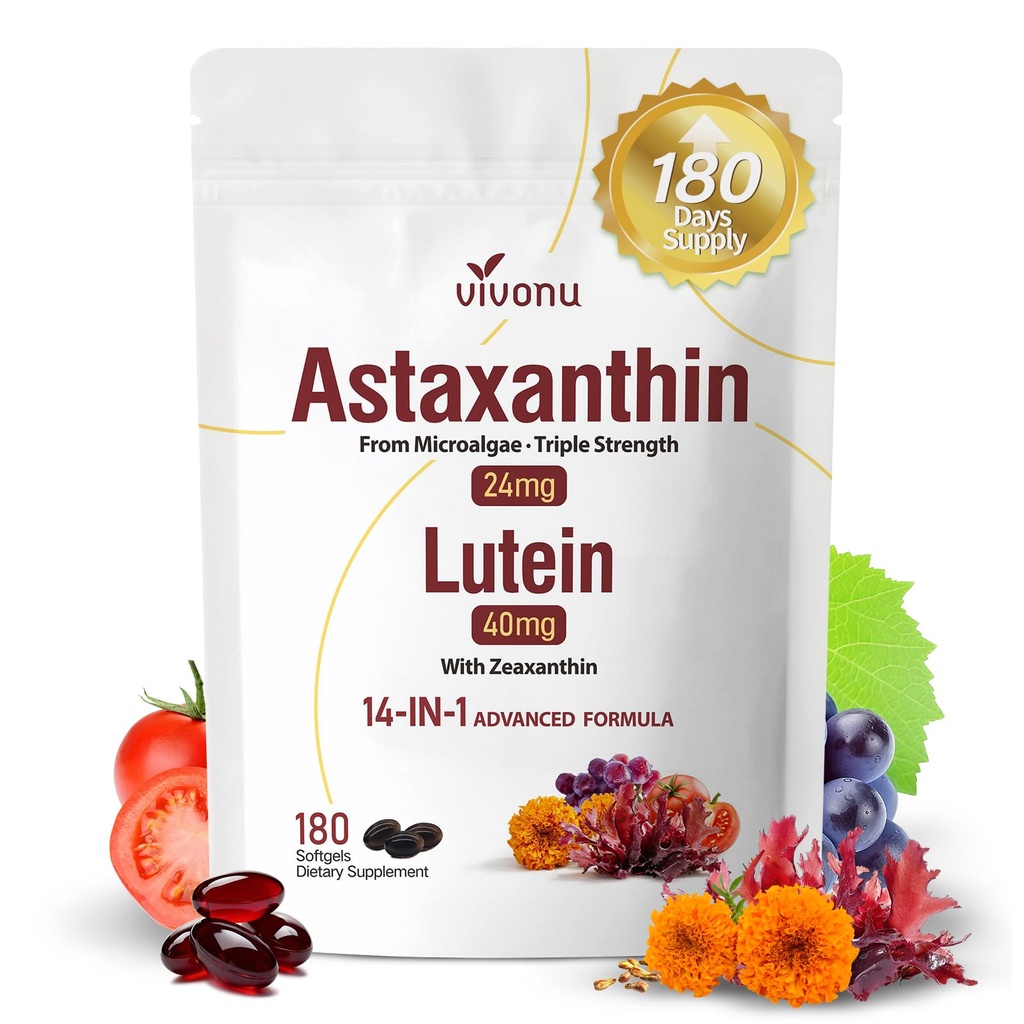 VivoNu 14-in-1 Astaxanthin 24mg & Lutein 40mg mit Zeaxanthin Ergänzungen, 6 Monate Versorgung, Frische Mikroalgenquelle, Glutenfreie Non-GMO, Unterstützt Augen, Haut, Antioxidans, 180 Softgels, 1 Tasche