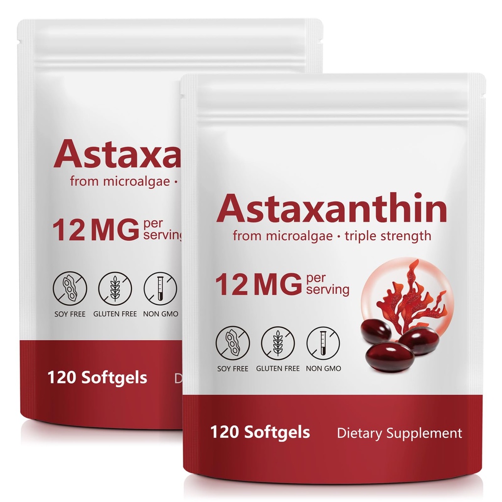 ITSDAWN Astaxanthin 12mg 2 Pack, Supplément antioxydant pour les yeux, soutien de la peau, source naturelle de microalgues, 240 Softgels