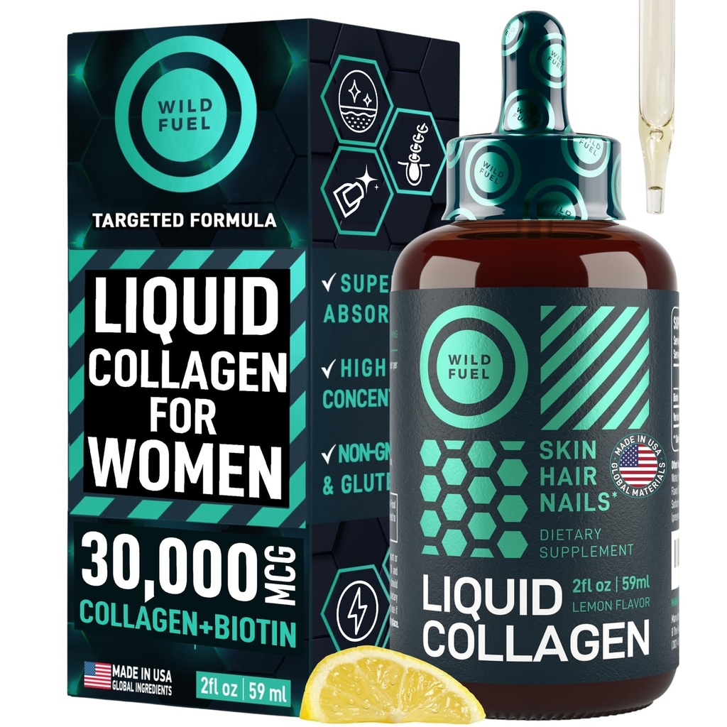 WILD FUEL Flüssige Collagen Peptide mit Biotin Vitaminen für Haarhaut und Nägel - 30.000mcg flüssiges Kollagen für Frauen und Männer Plus Biotin - Lemon Flavor, bis zu 2-Monat - 2 oz