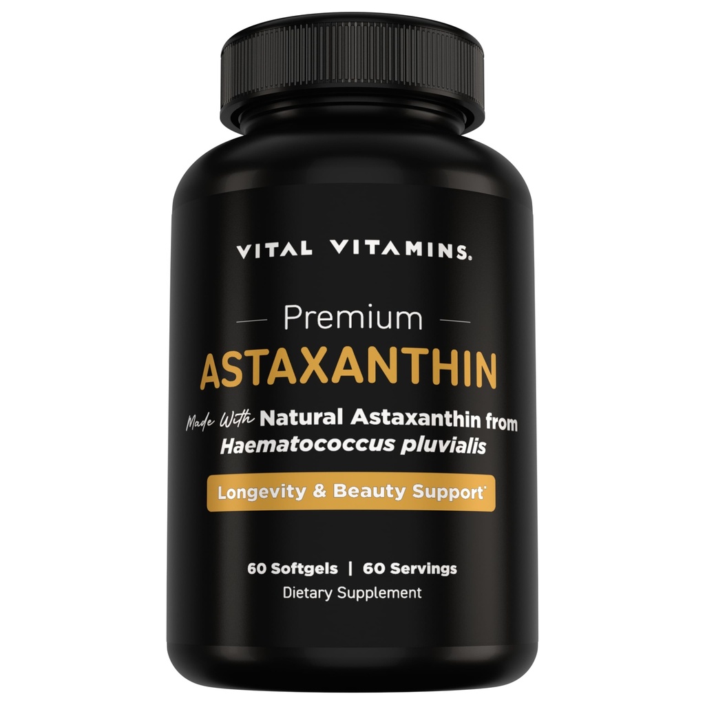 Vitamines vitales Astaxanthine 12mg Softgels - Fabriqué avec l'astaxanthine naturelle - Supplément pour promouvoir l'hydratation de la peau, l'élasticité - Défendre les cellules contre les dommages quotidiens - Vegan, Fabriqué aux États-Unis - 60 gels doux