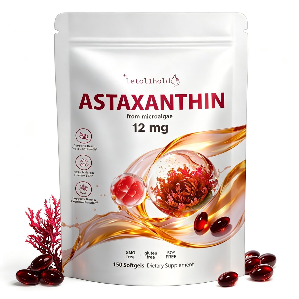Astaxanthine 12mg, 150 Softgels - 5 mois d'approvisionnement, suppléments d'astaxanthine provenant de microalgues fraîches, non-OGM, sans gluten, facile à avaler