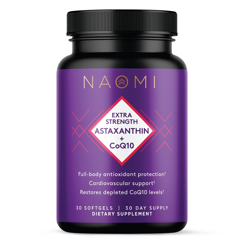 NAOMI Extra Strength Astaxanthin + CoQ10, Fettlösliche Antioxidantien, Herz-Kreislauf-Unterstützung, Erhöhte Energie, Immun- und Kognitive Funktion, Restore Depleted CoQ10, hohe Absorption, 30-Tage-Versorgung
