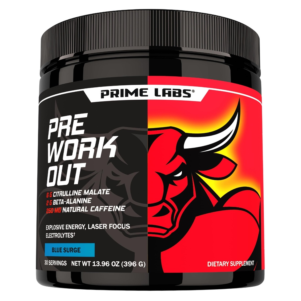 Prime Labs Pre Workout Poudre pour hommes - avec le malate de Citrulline, la bêta-alanine et la caféine naturelle - Énergie, Focus, Power - Blue Lemonade Saveur - 30 portions