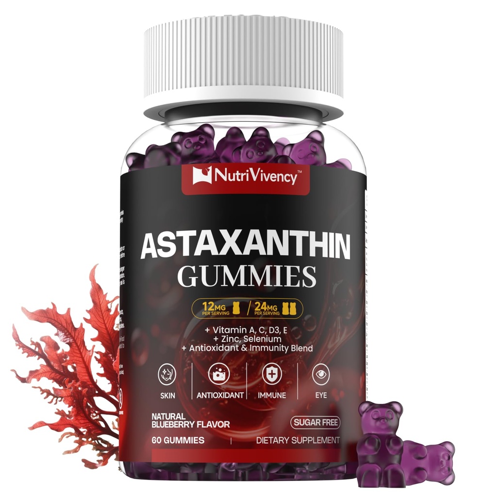 Astaxanthin Gummie, 12mg pro Gummy 24mg Max, Astaxanthin Ergänzungen mit Vitamin A/C/D/E, Resveratrol, 14-IN-1 Antioxidantien Mischung für Frauen, Haut, Augen, Immununterstützung, Sugar Free, Vegan, 60 Ct