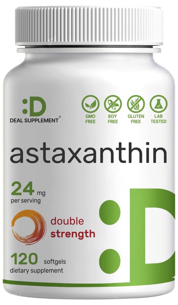 SUPPLÉMENT DE DEAL Astaxanthin 24mg par portion (12mg par bouchon), 120 Softgels – Microalgues à double résistance – Suppléments antioxydants pour la peau, les yeux, les articulations et le soutien immunitaire – non-OGM