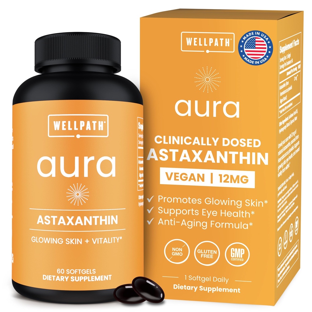 WellPath Astaxanthine 12mg Softgets.com Suppléments Vegan Astaxanthine de Microalgues.com Antioxydants pour l'hydratation de la peau, l'élasticité et la santé oculaire.