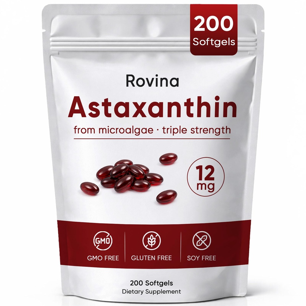 Rovina Astaxanthin 12mg Softgels, Antioxidante Ergänzung für tägliche Wellness, Immun-, Augen- und Hautunterstützung, Gelenk-, Innenzirkulation, Non-GMO, Glutenfrei - 200 Softgels (1)