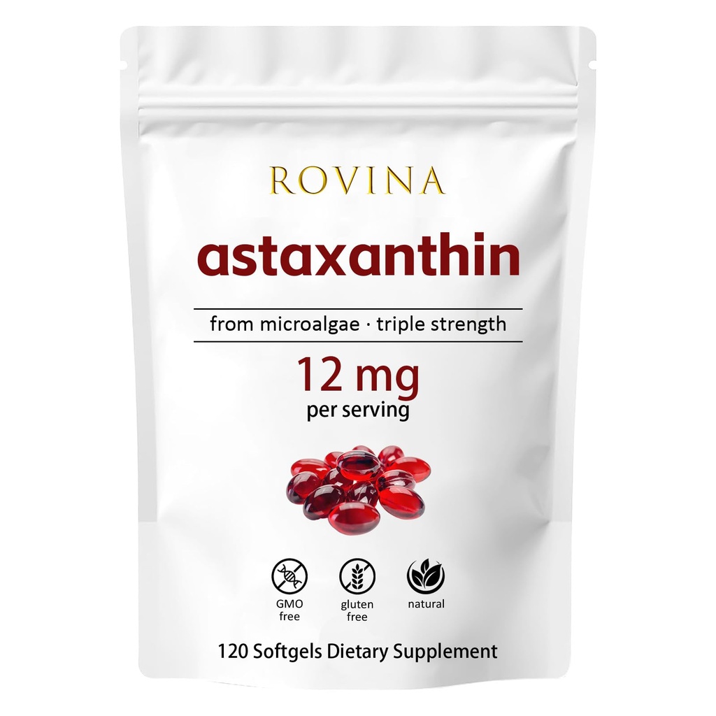 Rovina Astaxanthine 12mg Softgels • puissant antioxydant naturel pour soutenir le confort des yeux, la vitalité de la peau et la santé immunitaire • sans gluten • 120 grains