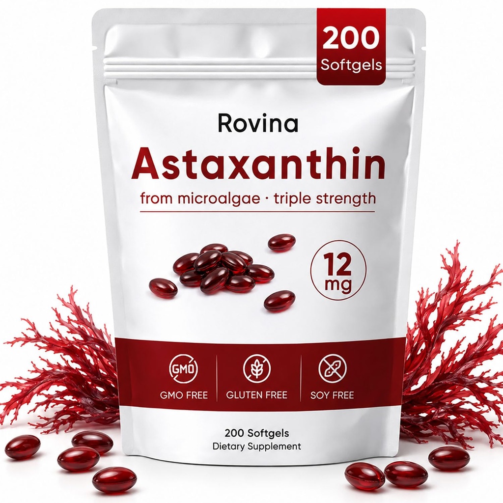 ROVINA Astaxanthin 12mg Softgels, Antioxidante Ergänzung unterstützt Augen-, Haut-, Immun-, Gelenk-, Innenzirkulation, Non-GMO & Glutenfrei - 200 Softgels