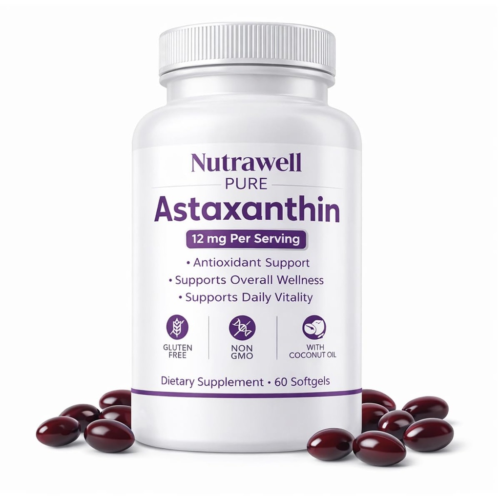IRMI Nutrawell Astaxanthin 12 mg Softgels, Premium Natural Astaxanthin | Glutenfrei, Non-GMO | Daily Eye & Skin Support, 60 Soft Gels