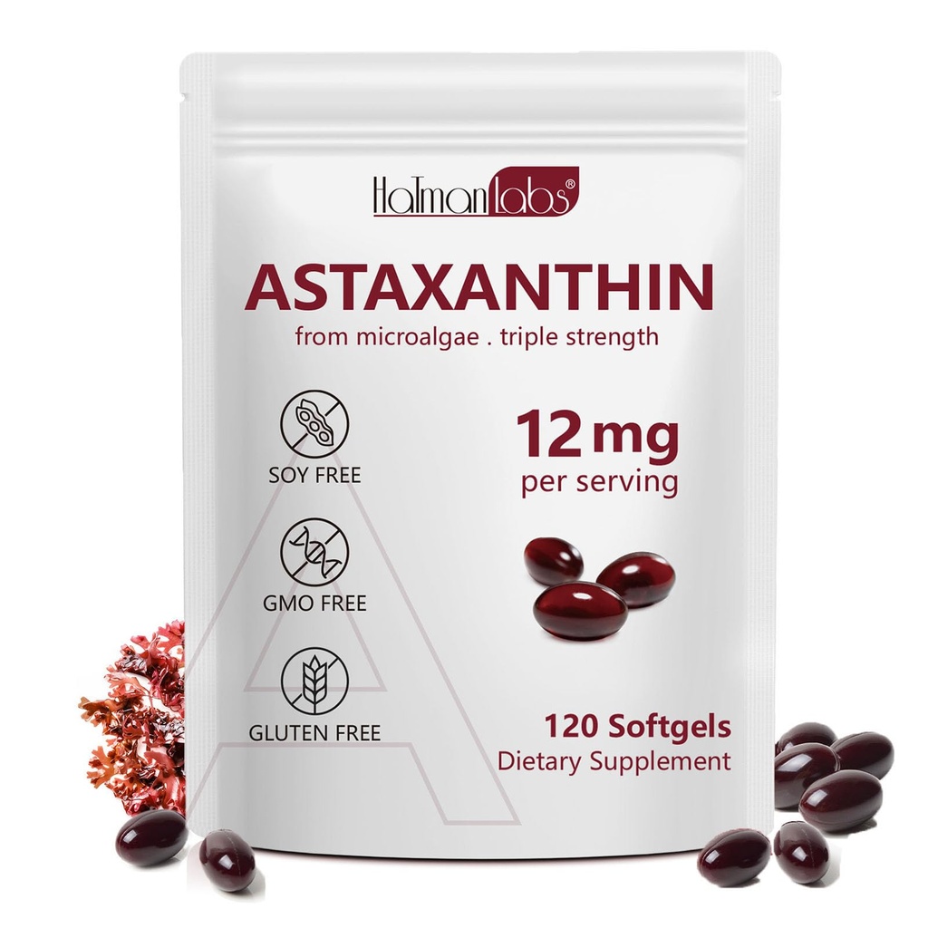 Daiasns Astaxanthin 12mg, Astaxanthin Antioxidantien-Ergänzungen unterstützt Augen-, Gelenk-, Interne Zirkulation und Hautgesundheit - Non-GMO,120 Softgels - 4 Monate Versorgung
