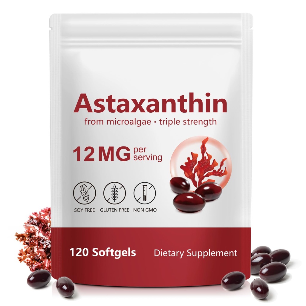 Astaxanthin 12mg - 120 Softgels, Premium Natural Antioxidant Supplement, Supports Eye, Skin, Joint & Immune Health, from Fresh Microalgae, Non-GMO & Gluten-Free, 4-Month Supply