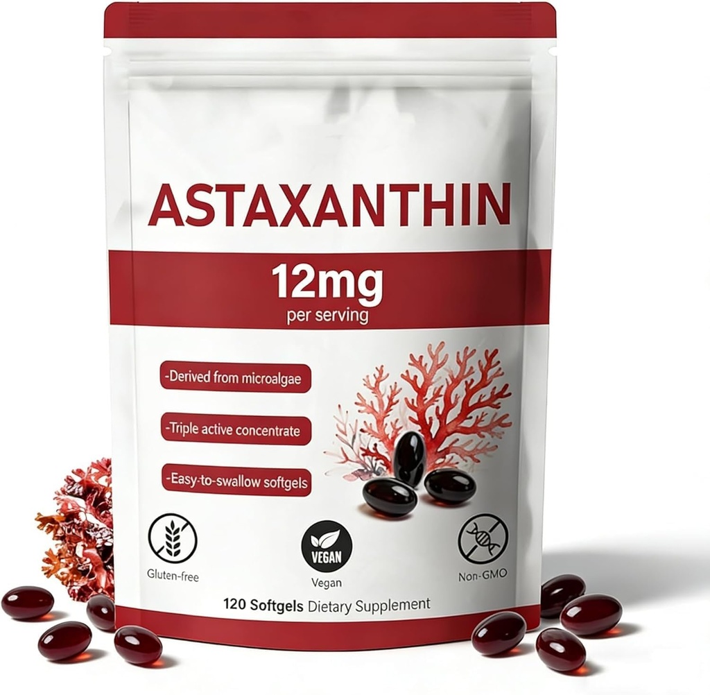 Astaxanthine 12mg, 120 Softgels, source naturelle de microalgues, sans OGM sans gluten, 4 mois d'approvisionnement