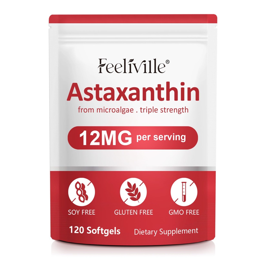 Suppléments Premium Astaxanthin 12mg 120 Softgels, Supplément Antioxydant Astaxanthin pour les yeux, la peau, les articulations, le cerveau, les microalgues fraîches Source pour la santé du coeur et du système immunitaire