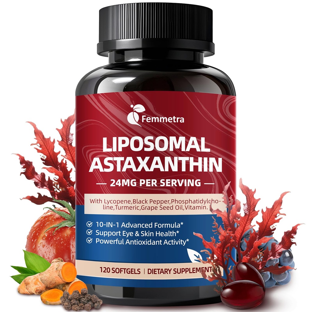 Liposomal Astaxanthin ergänzt 24mg mit Lycopin für Augen-, Haut- und Immungesundheit, 10-in-1 Max Strength Astaxanthin Antioxidans Supplement, Frische Mikroalgenquelle, Non-GMO, 120 Softgels