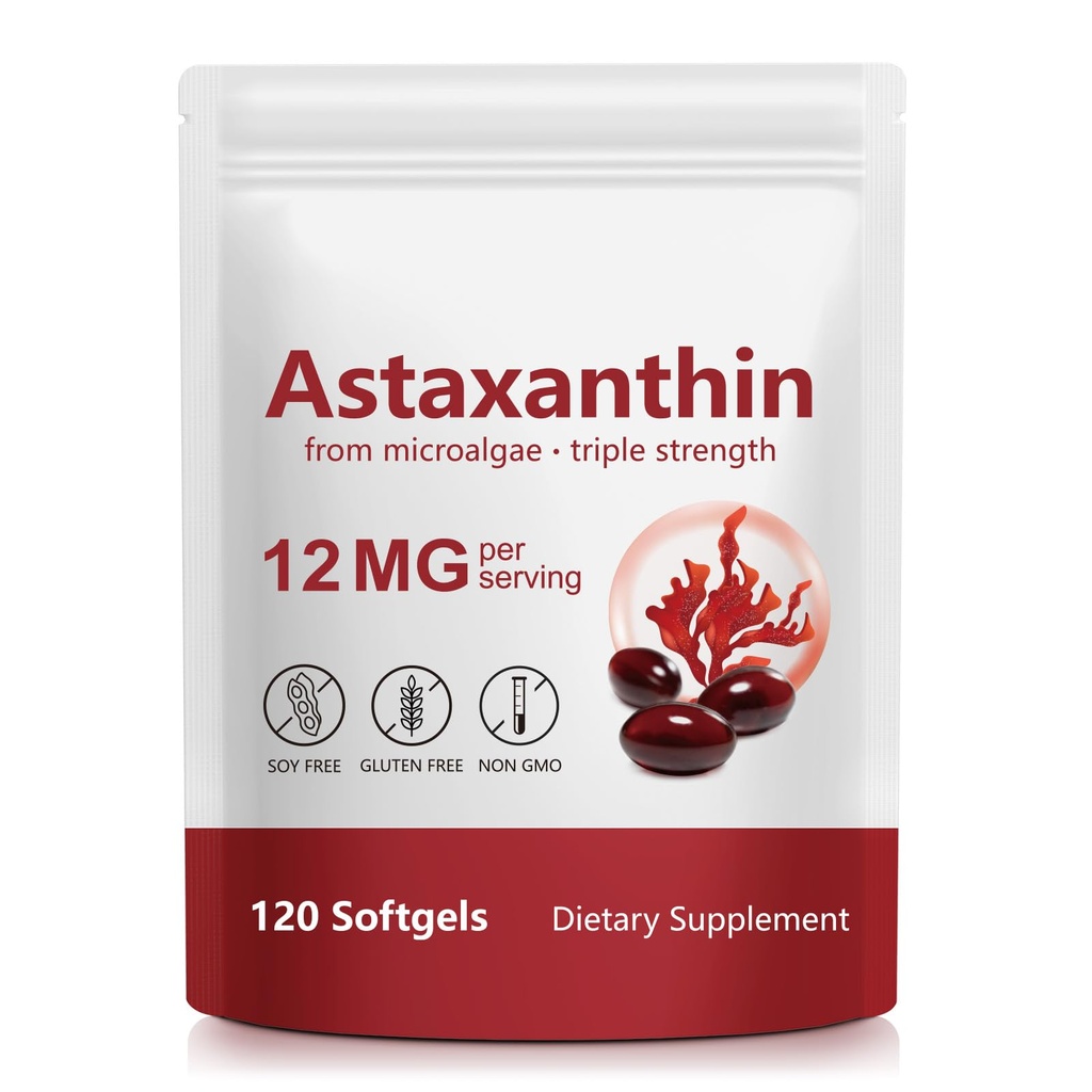 Astaxanthine Supplément 12mg de Microalgues, 120 Softgels, Antioxydant Support, Formule de bien-être quotidien, Approvisionnement de 4 mois