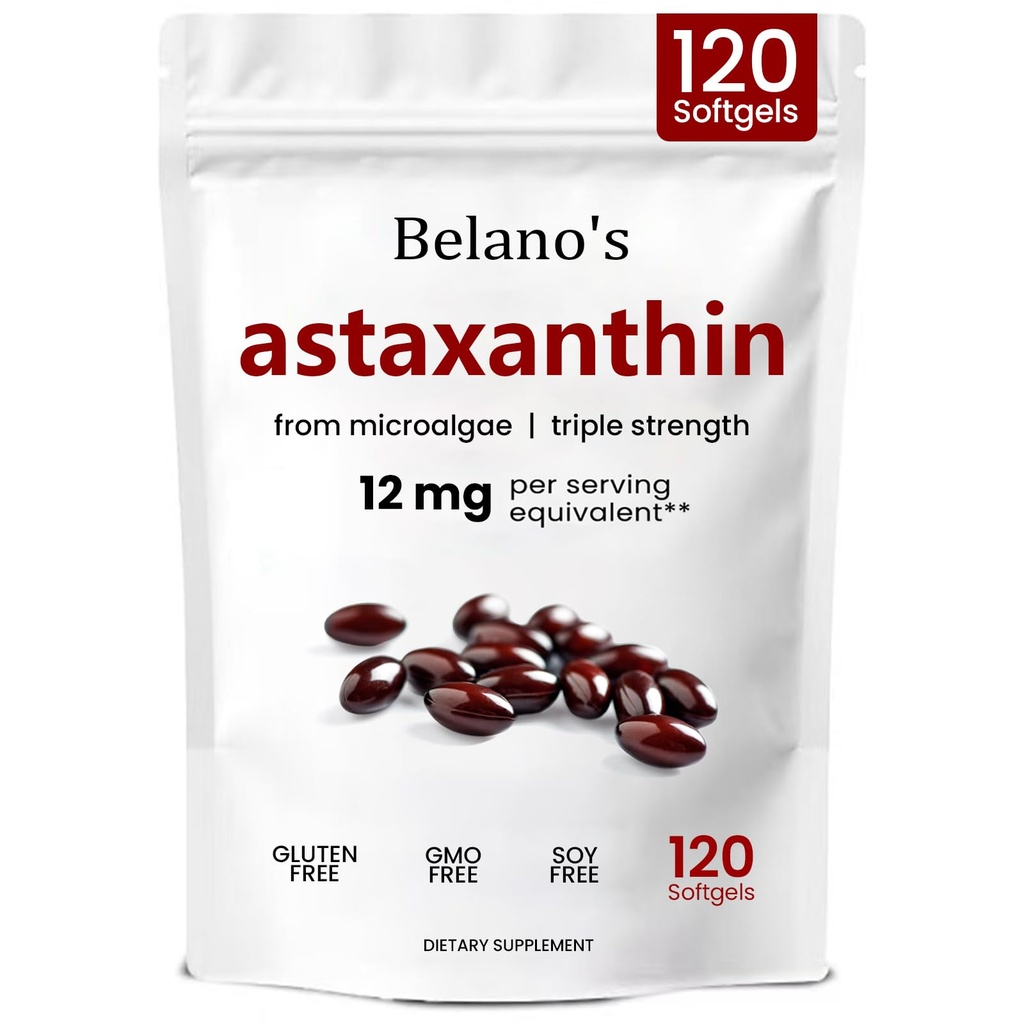 Belano Astaxanthin 12mg, Astaxanthin Softgels, Premium Astaxanthin Antioxidans Ergänzung | Gesundheit & Energie Unterstützung, Non-GMO, Vegan-freundlich & Gluten-frei - 120 Softgels (1 Tasche)