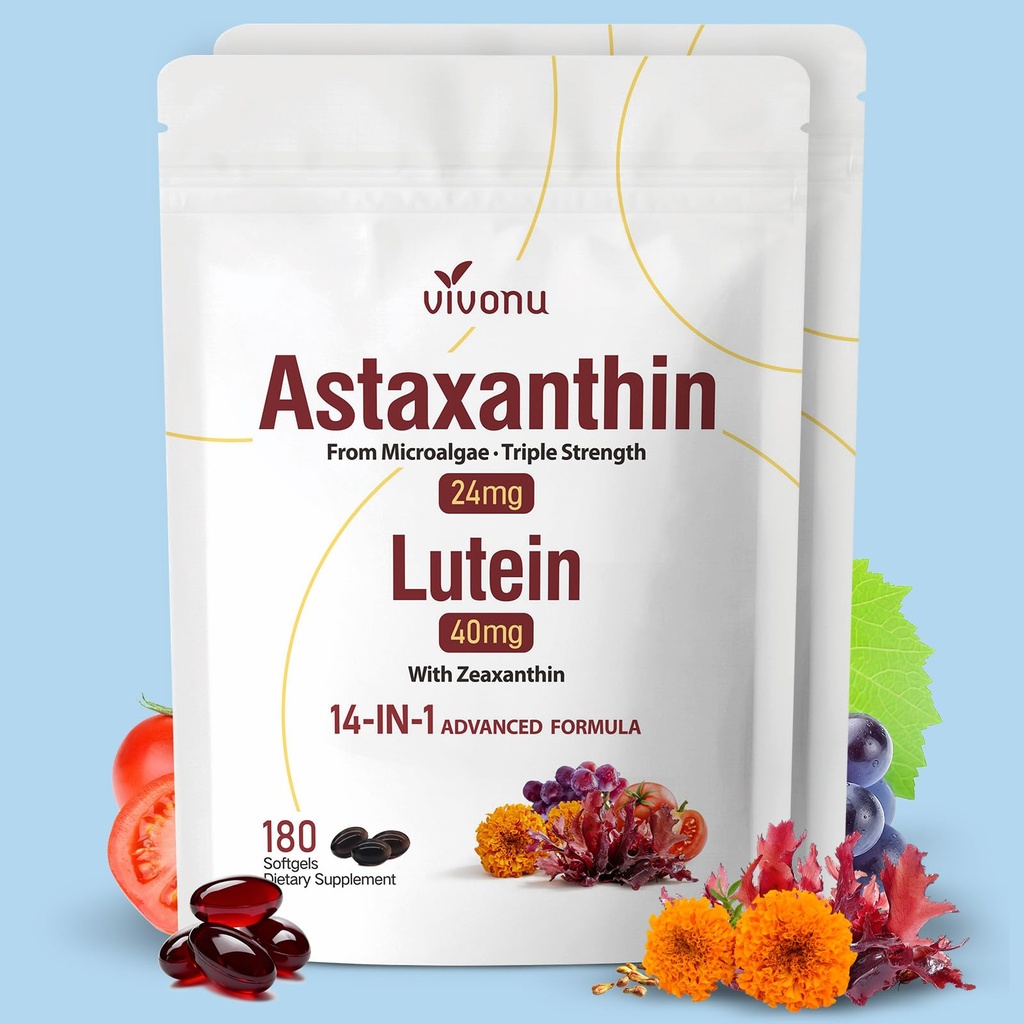 VivoNu 14-in-1 Astaxanthin 24mg & Lutein 40mg mit Zeaxanthin Ergänzungen, 12 Monate Versorgung, 360 Softgels, 2 Tasche