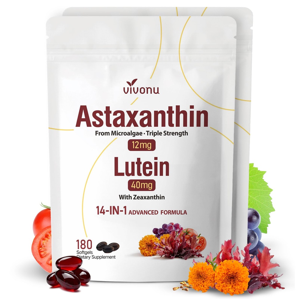 14-in-1 Astaxanthin 12mg & Lutein 40mg mit Zeaxanthin-Ergänzungen, 12 Monate Versorgung, Frische Mikroalgenquelle, Unterstützt Augen, Haut, Antioxidans, Gelenk, Kreislaufgesundheit, Non-GMO, Glutenfrei, 2 Tasche