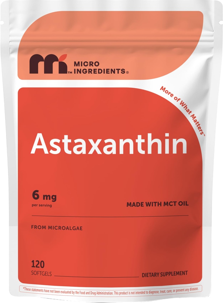 Micro Ingredients Astaxanthin 6mg mit MCT-Öl, 120 Softgels | Premium Astaxanthin Antioxidante Ergänzungen* | Frische Mikroalgenquelle | Dreifache Stärke, Non-GMO, Glutenfrei, Keine Soja