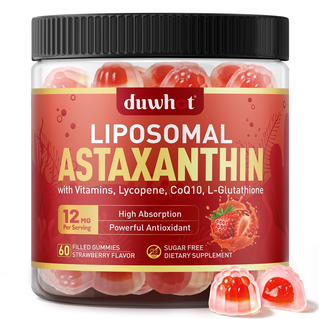 Liposomal Astaxanthin Gummie, Organic Astaxanthin 12mg Ergänzungen mit Lycopin, Glutathion für leistungsfähiges Antioxidans, Plus Vitamine & CoQ10 für Augen, Haut & Immune Gesundheit, Zuckerfrei, Vegan, 60