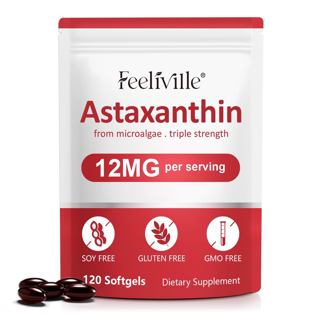 Astaxanthine suppléments, Astaxanthine 12mg, 120 Softgels Antioxydant Astaxantina supplément pour la santé des yeux, de la peau, des articulations et immunitaires, soutient la circulation interne et la santé cardiaque, non-OGM et sans gluten